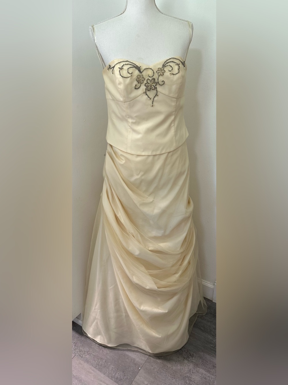 David's Bridal Strapless light yellow Beaded Bodice Gown: Homecoming/ Formal